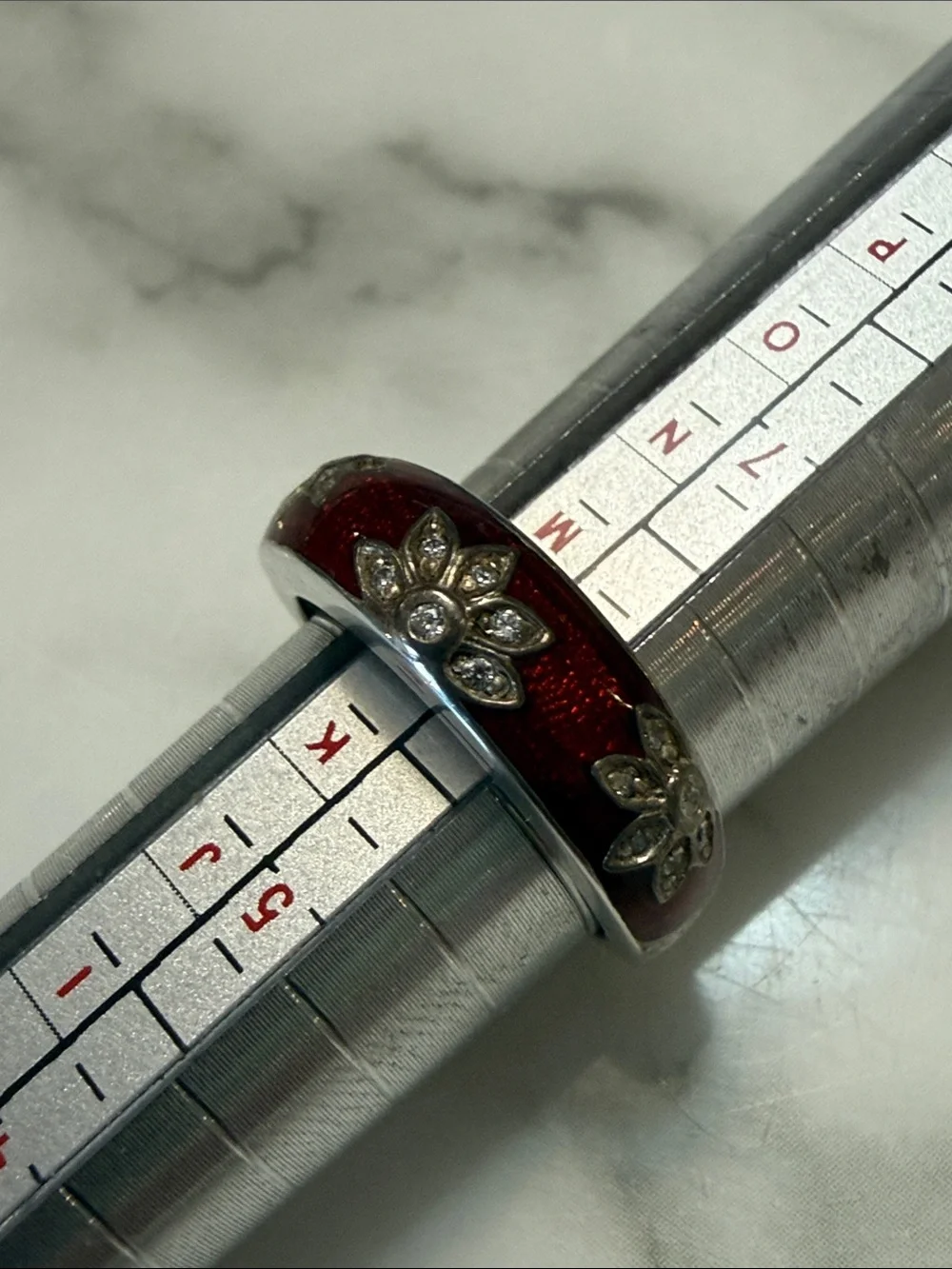 Silver and red enamel ring with CZ starbursts, size 7